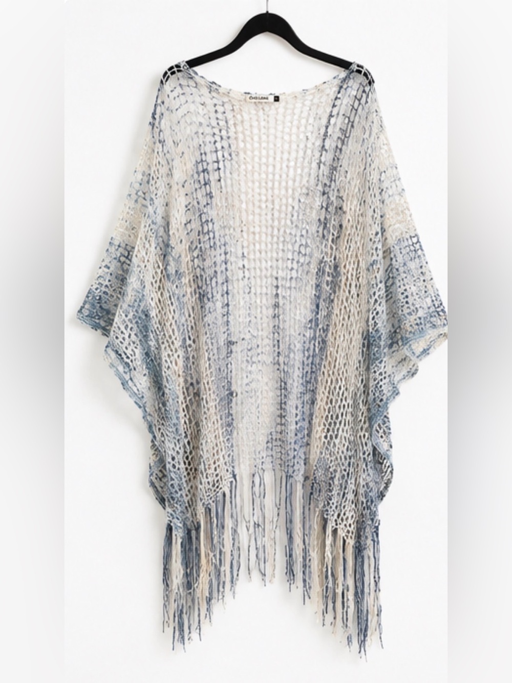 NWOT Origami Blue Ivory Sequin Open Knit Fringe Poncho Cover Up One Size